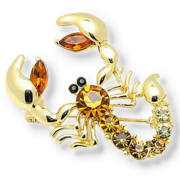 18K gold plated Orange and white crystal scorpion brooch - Picture 4 of 15